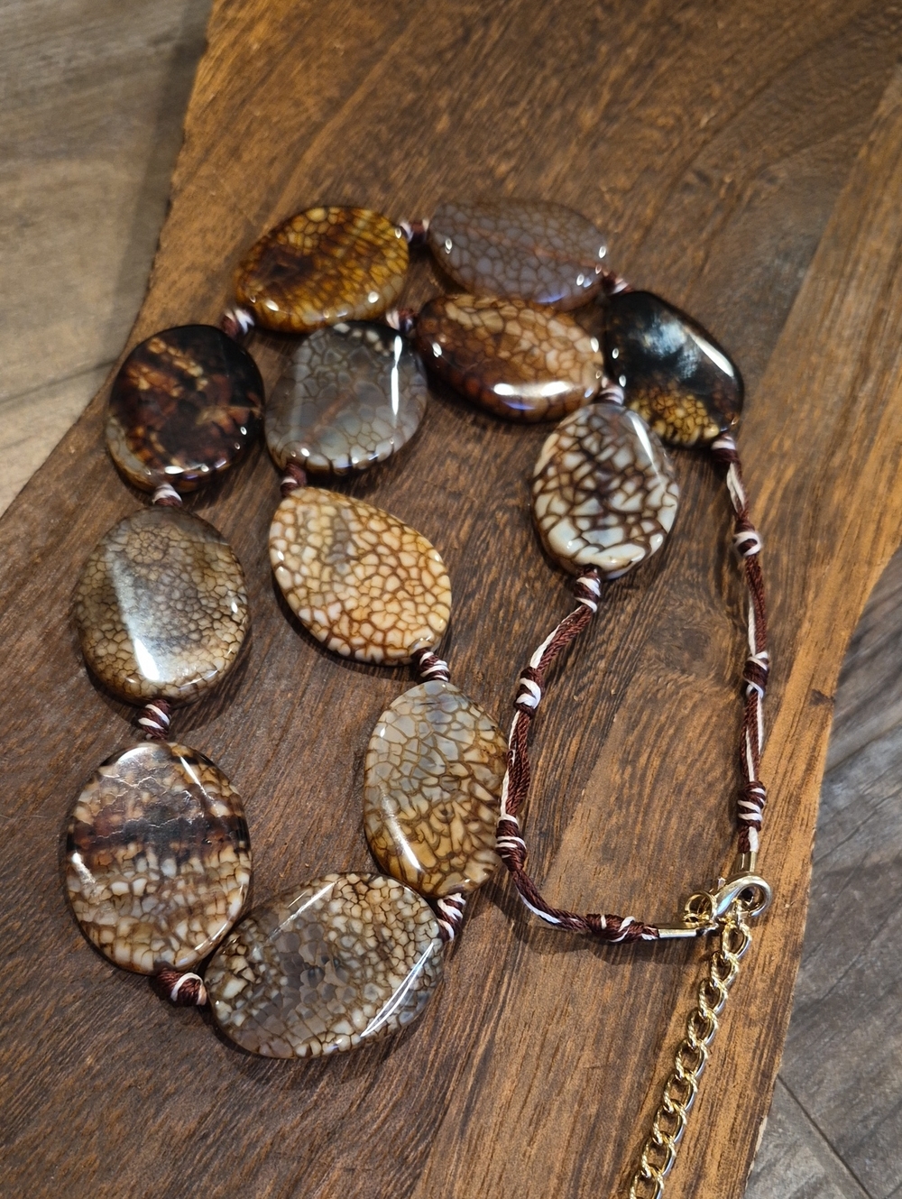 Earth Toned Polished Stone Beaded Cord Necklace, Lobster Closure, Extender - Picture 2 of 9